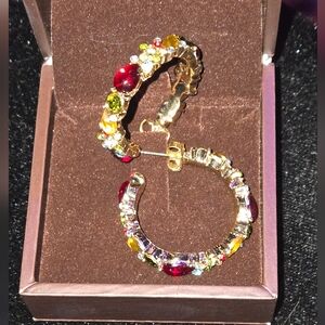 Liz Claiborne Gold Plate Multicolor Gem Encrusted Hoop Earrings 1 Inch